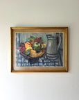 Framed vintage still life oil painting of fruits and a jug in a gilt frame, available at Hue
