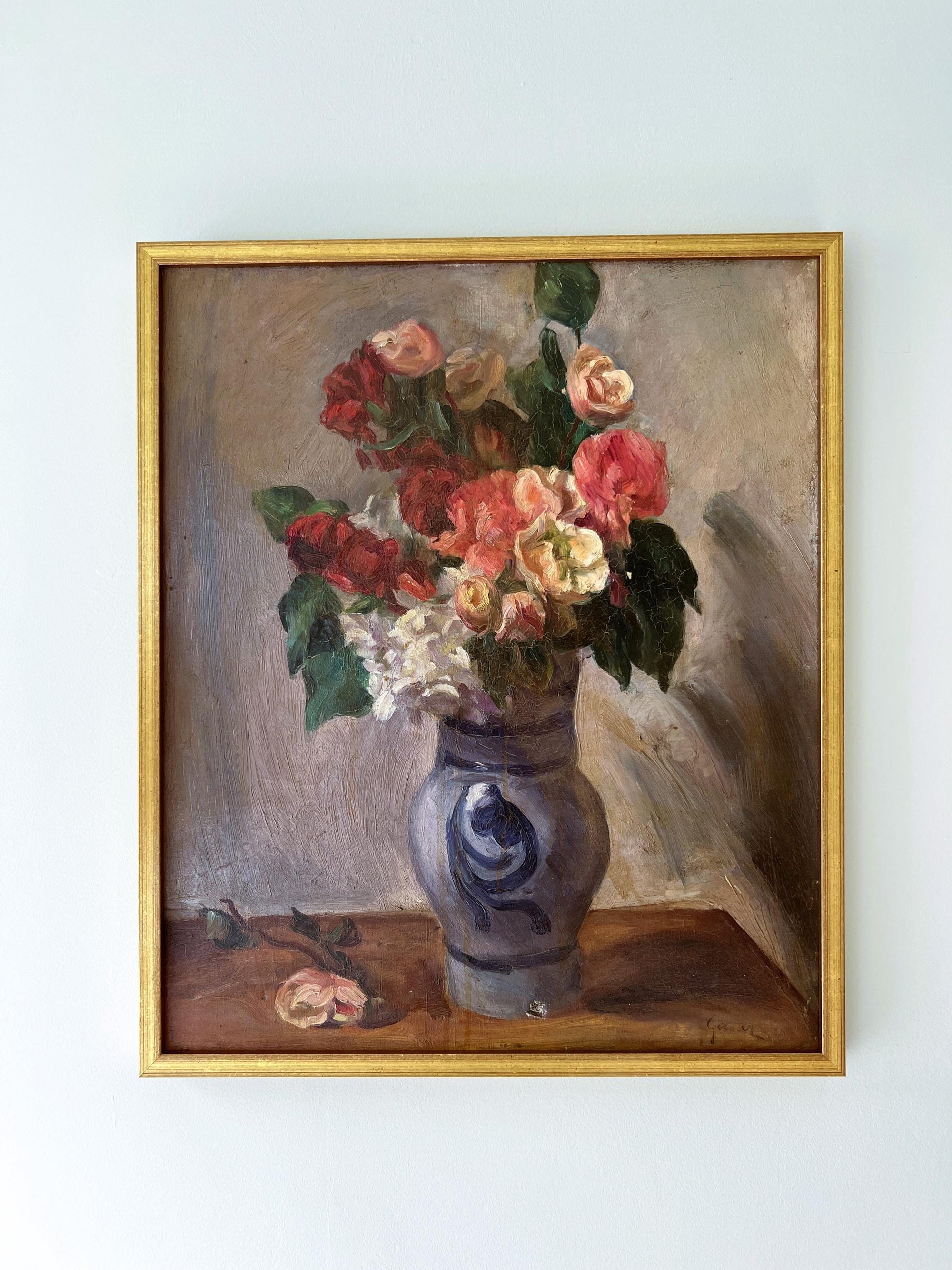 Framed vintage oil painting of a still life with pink and red rose flowers and a vase on a table, available at Hue.