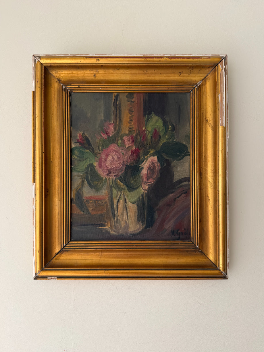 Framed vintage oil painting of a still life with pink roses. Available at Hue. 