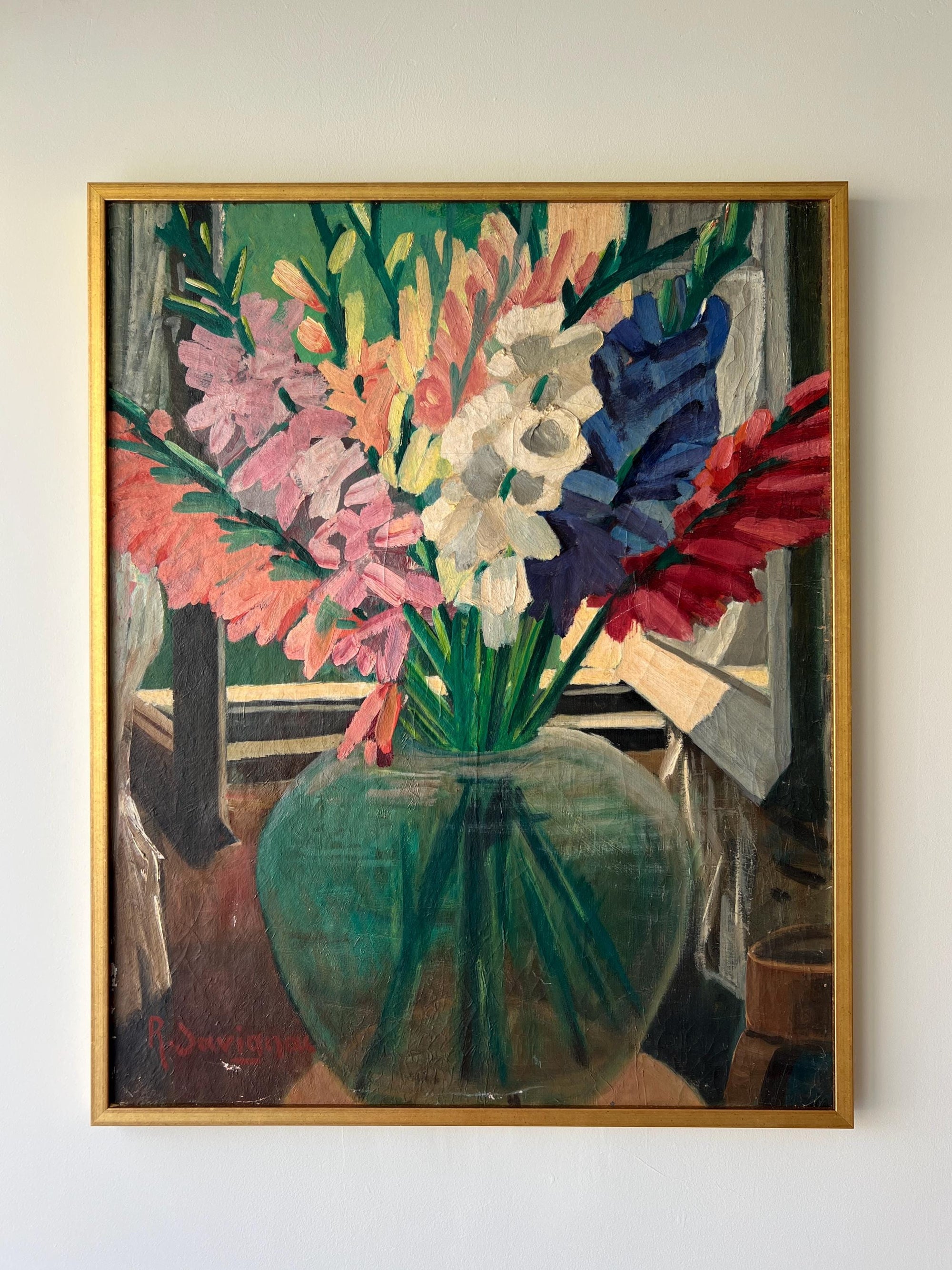Framed vintage oil painting of a bouquet of flowers in a vase in a gilt frame, available at Hue