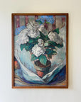 Framed vintage oil painting of a still life with blue and white hydrangea flowers in  terracotta pot, available at Hue