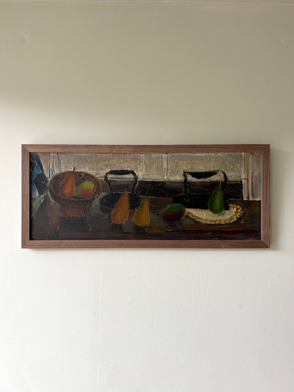 Framed vintage still life oil painting of pears and bowls on a table top, available at Hue.