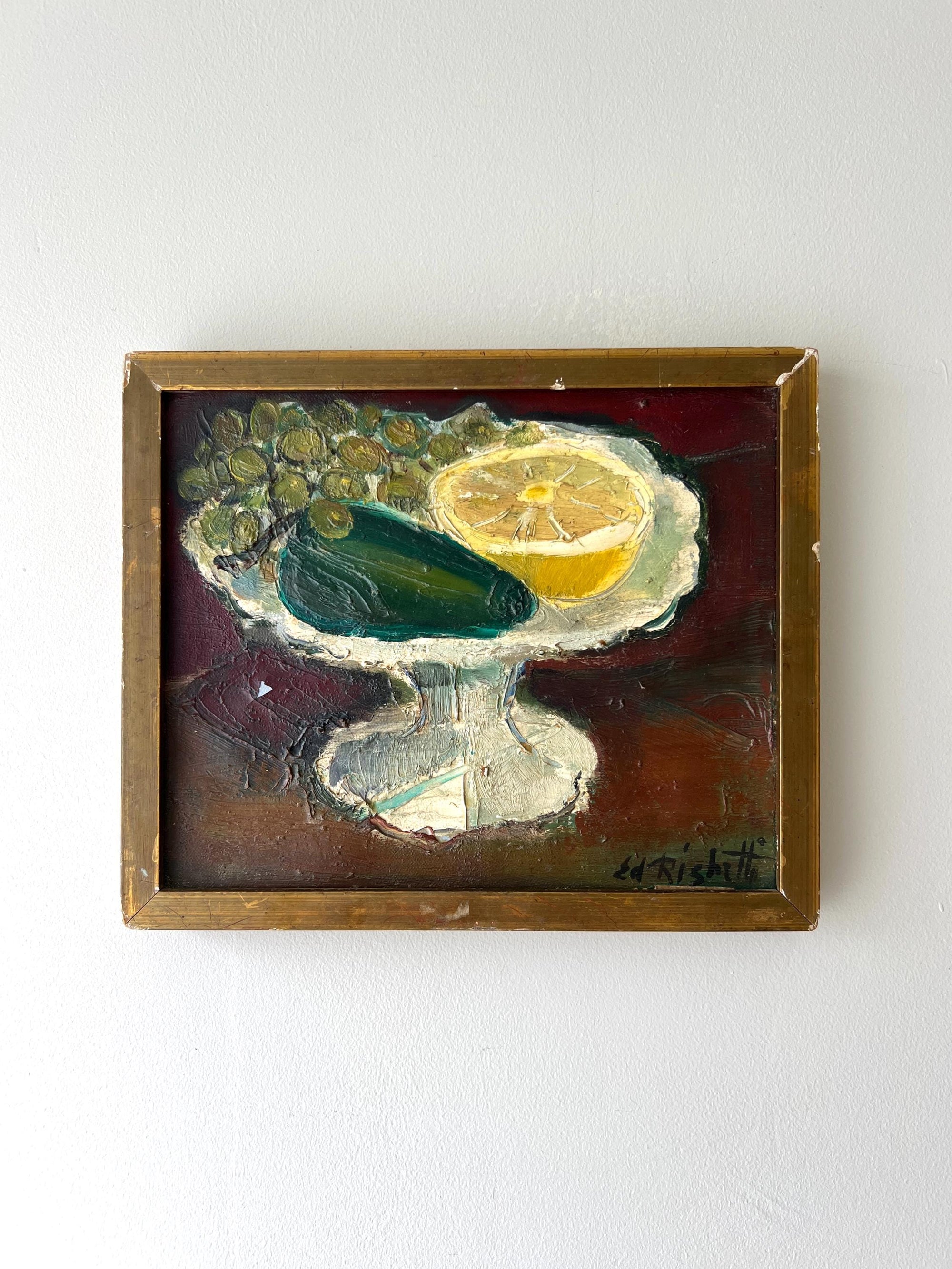 Small still life oil painting with fruit on a pedestal in a vintage frame, available at Hue.