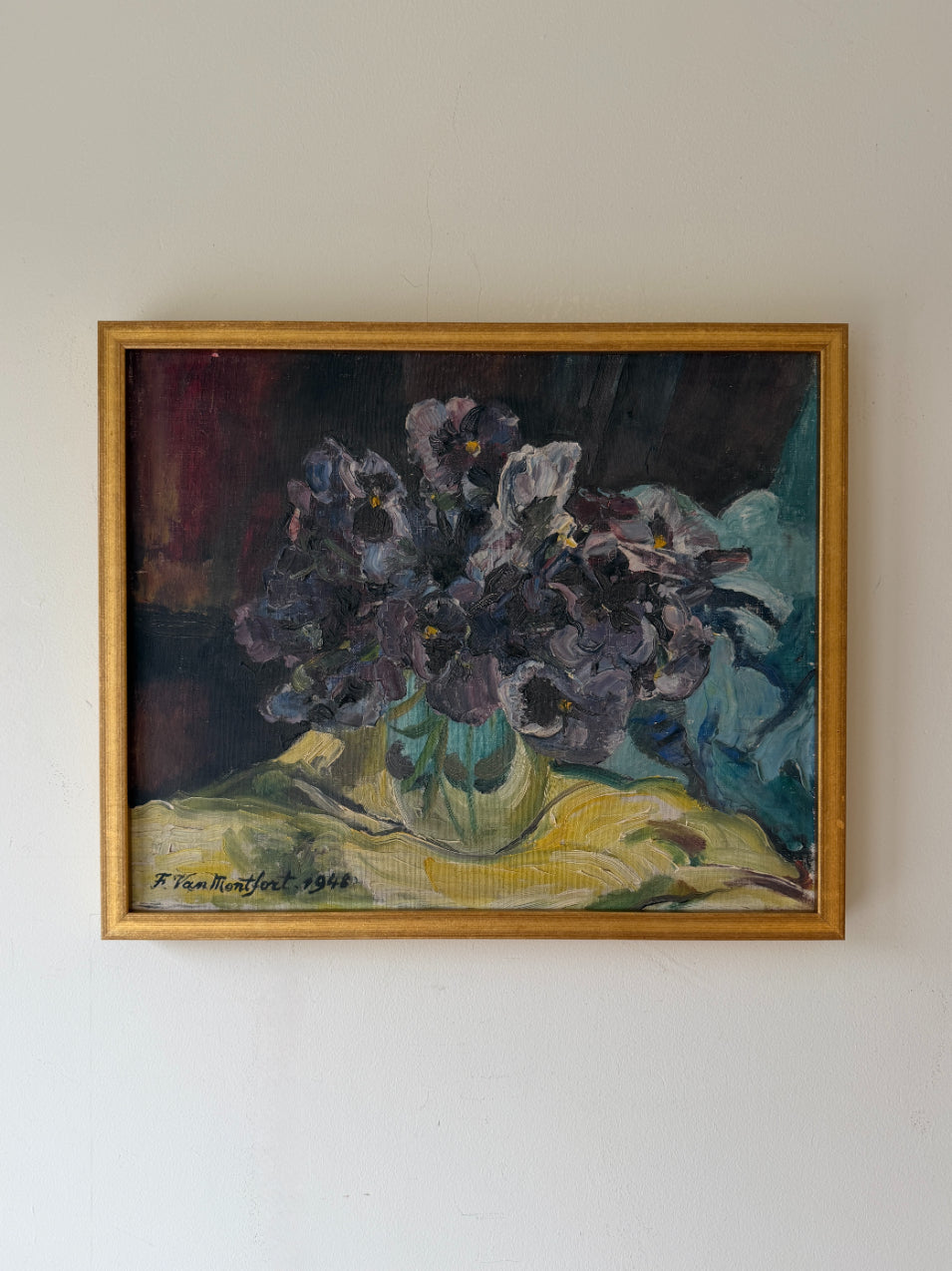 Framed vintage oil painting of a still life with flowers. Available at Hue. 