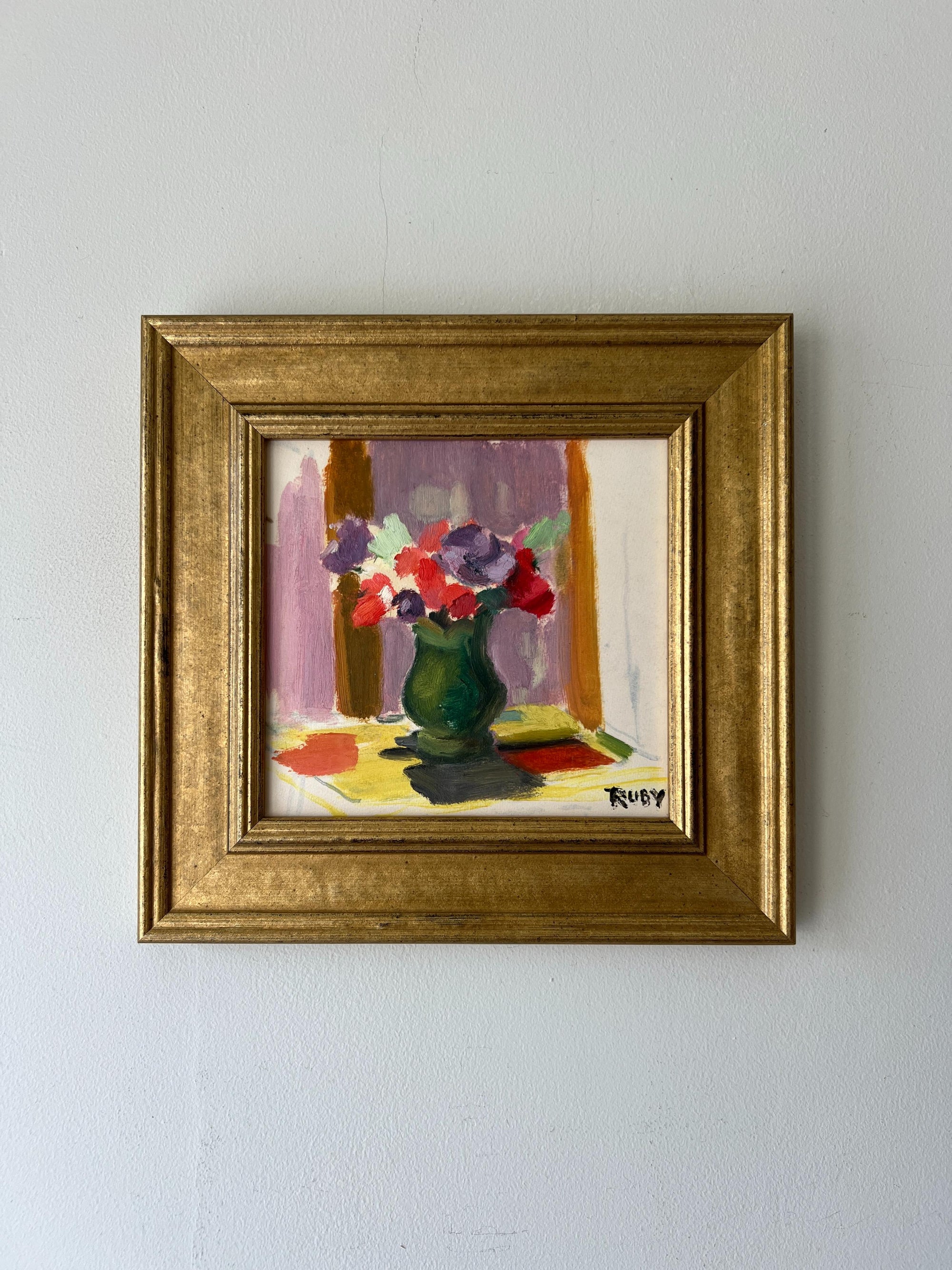 Framed vintage oil  painting of a still life with flowers. Available at Hue.
