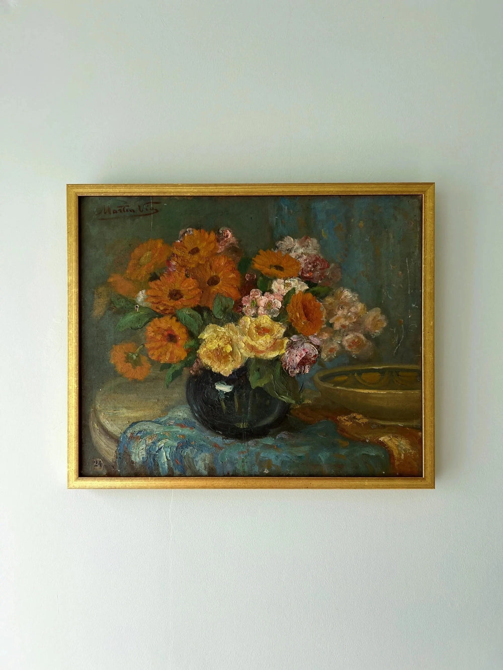 Framed painting of a bouquet of marigold and rose flowers in a vintage frame, available from hue