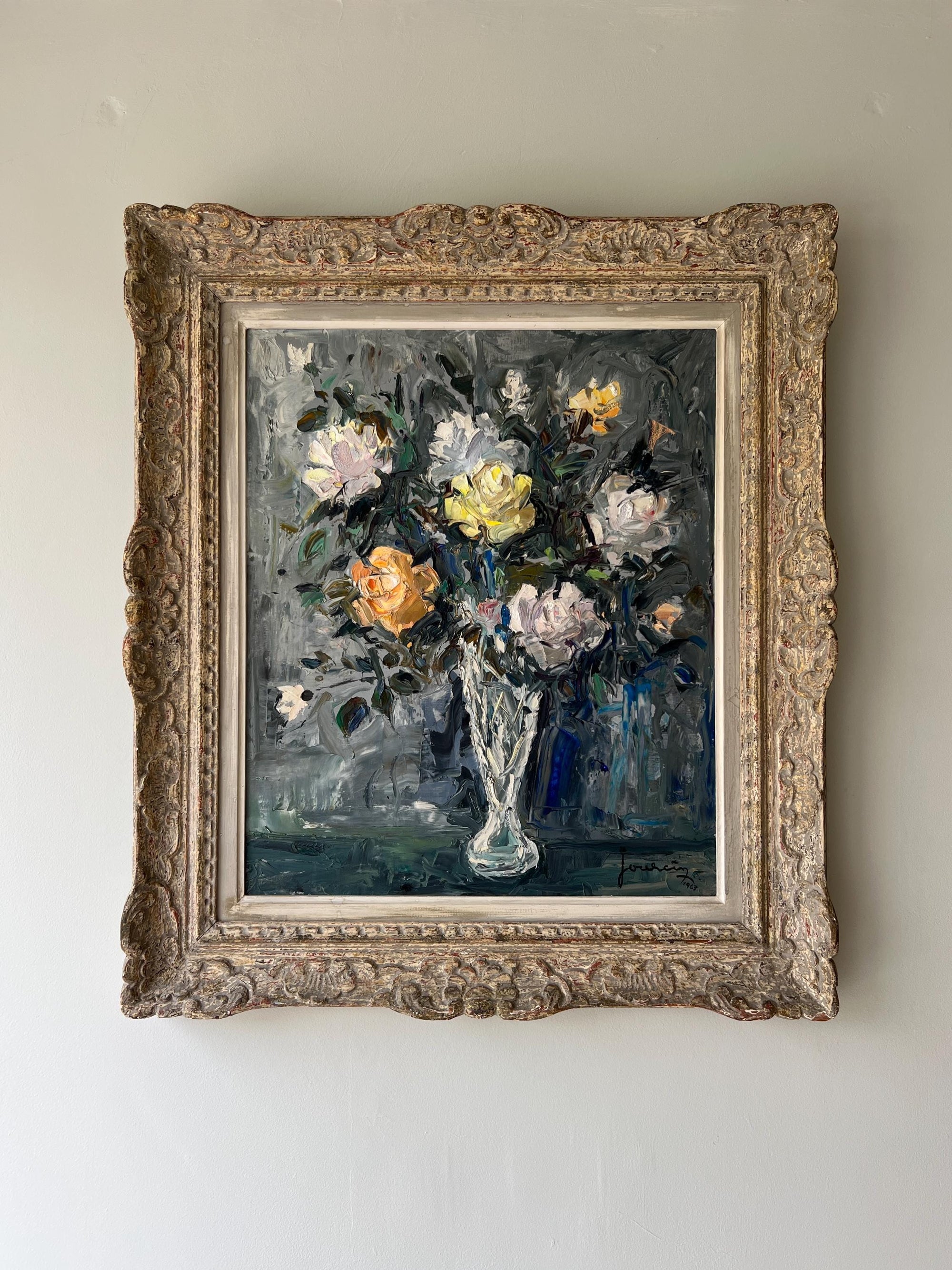 Framed vintage oil painting of rose flowers in an ornate vintage frame, available at Hue