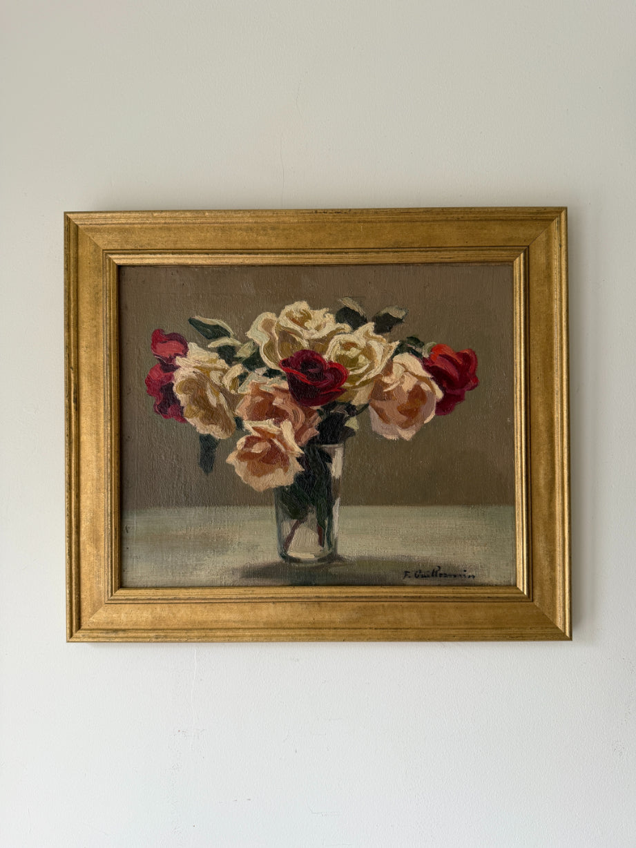Framed vintage oil painting of pink flowers ina  glass vase. Available at Hue. 
