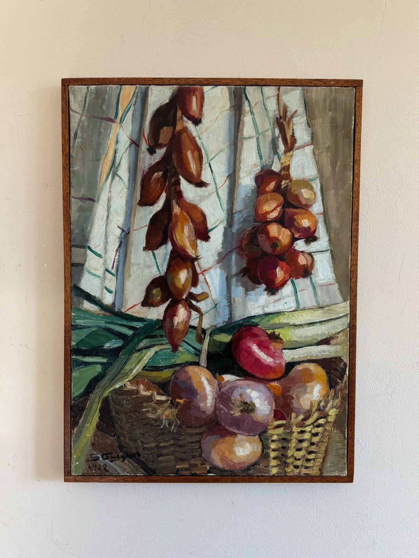 Framed vintage painting of shallots and a basket, available from Hue