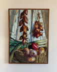Framed vintage painting of shallots and a basket, available from Hue