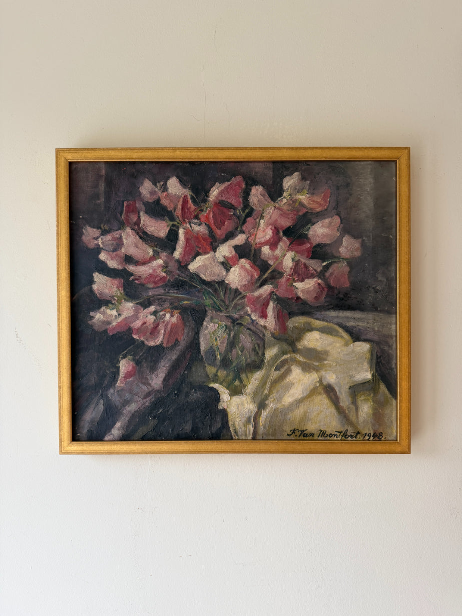 Framed vintage oil  painting of pink flowers. Available at Hue. 