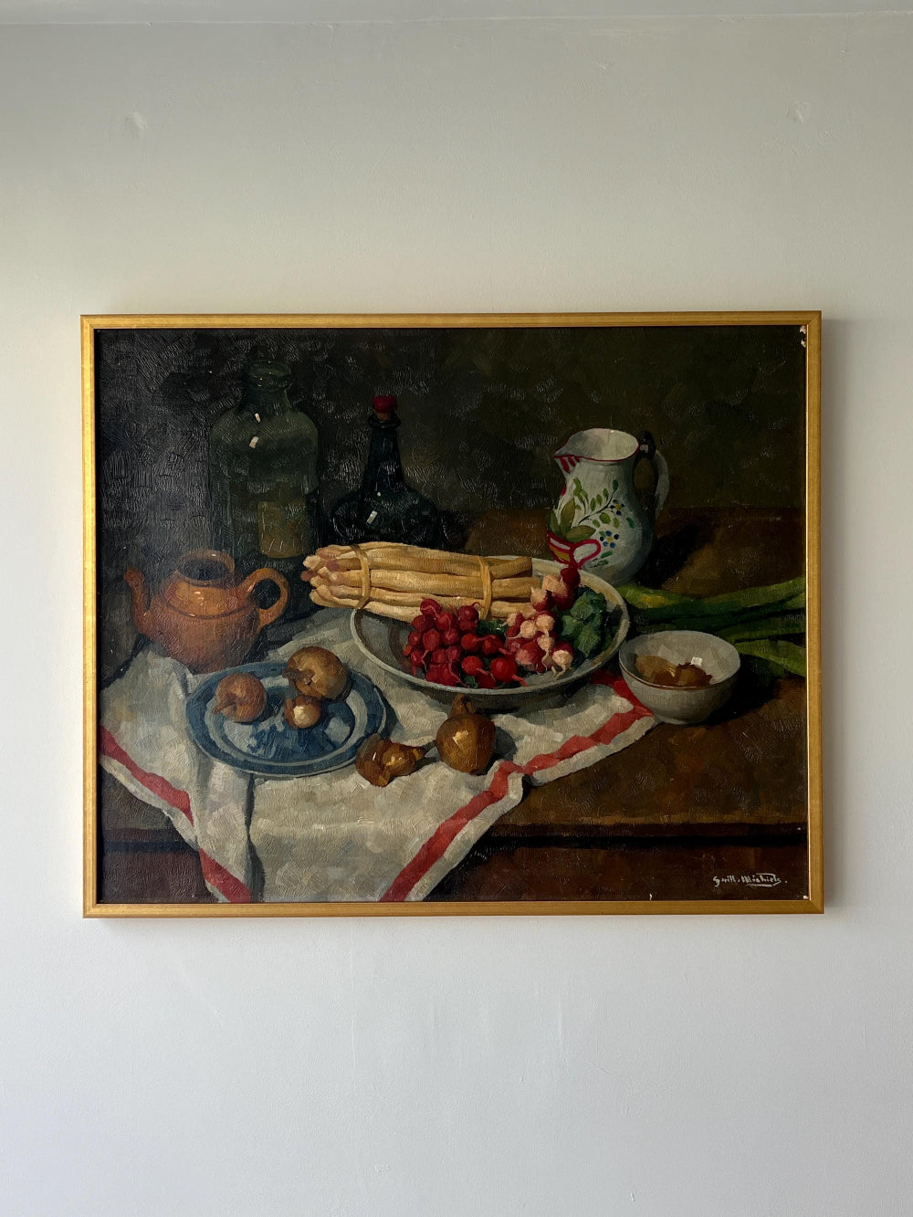Framed still life oil painting of various vegetables in a gilt frame, available at Hue