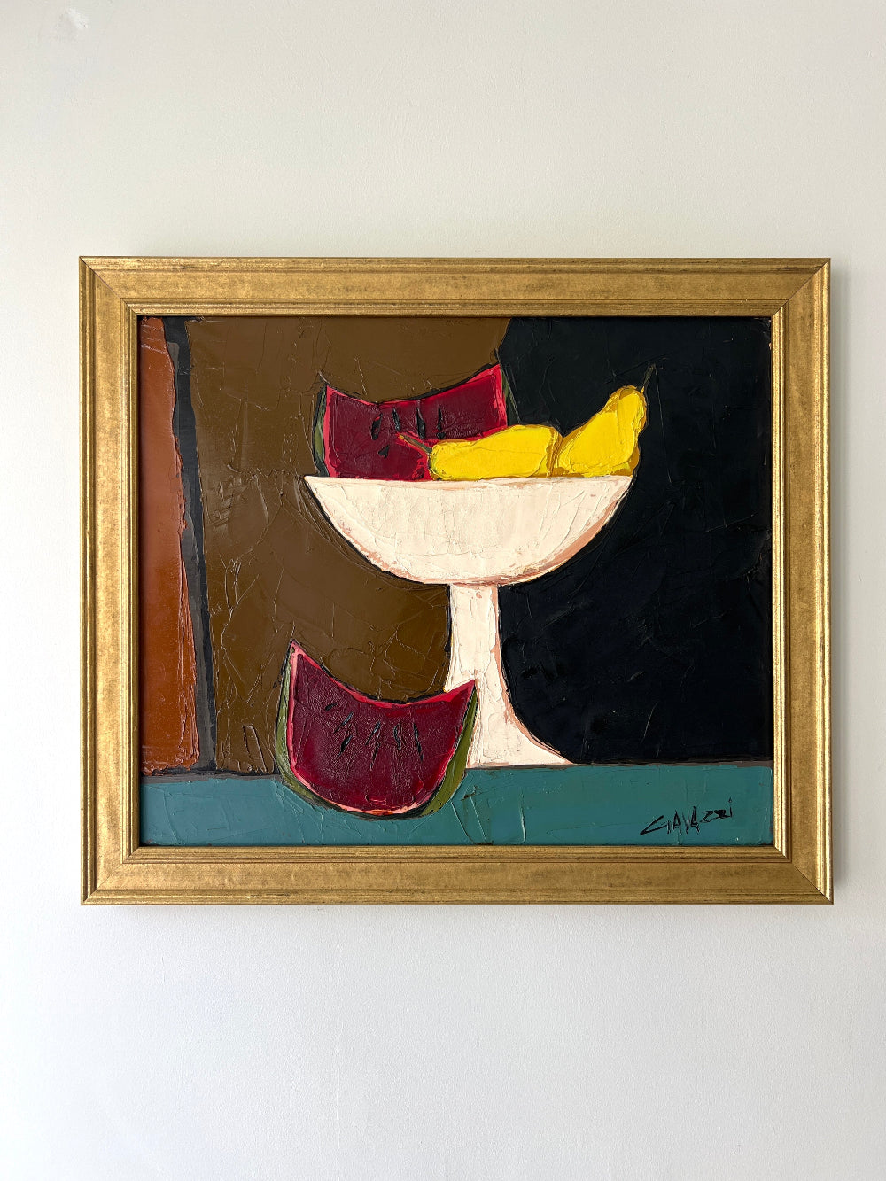 Framed vintage oil painting of a bowl of fruit with watermelon & pears in a vintage gilt frame, available at Hue.