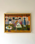 A framed vintage oil painting of a french cafe scene with vibrant colours. Available at Hue.