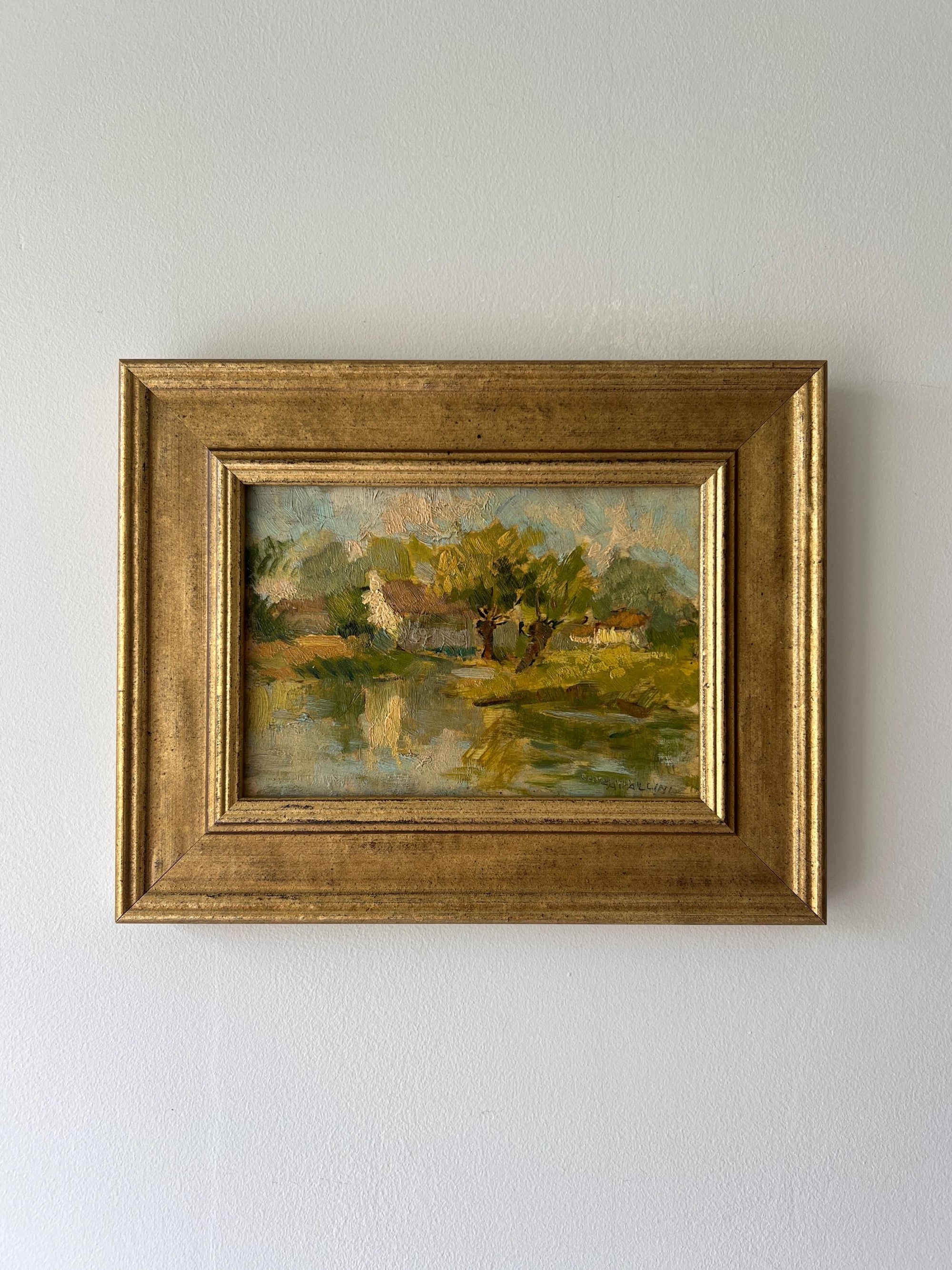 Framed landscape painting of a landscape with a house and trees in a  gilt frame, available at Hue