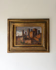 Framed vinatge oil painting of Italian town houses at sunset. Available at Hue.