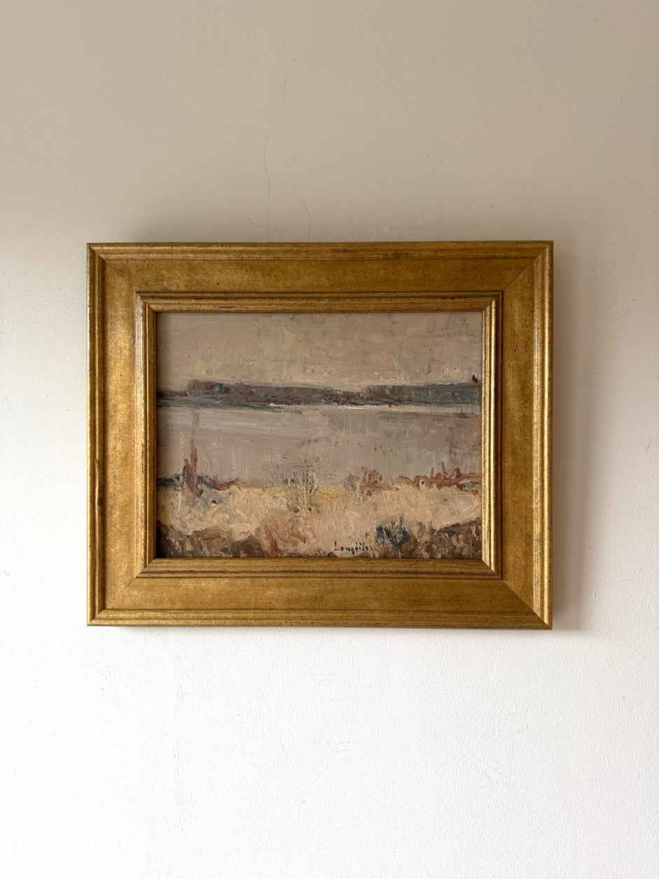 Framed vintage oil painting of a river and its banks. Available at Hue. 