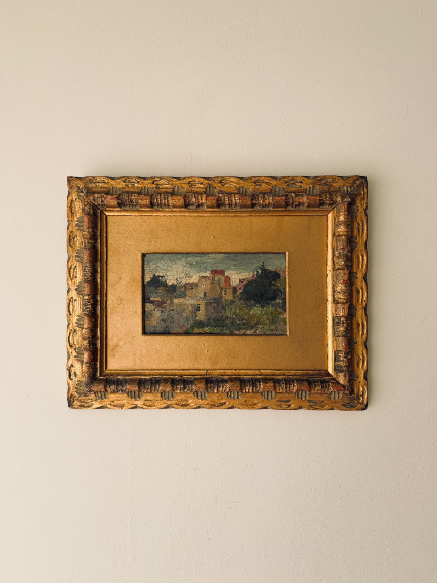 Small framed antique oil painting in an ornate vinatge gilt frame. Available  at Hue. 