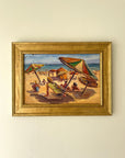 Framed vintage oil painting of a beach scene with colorful umbrellas and sunbathers, available at Hue.