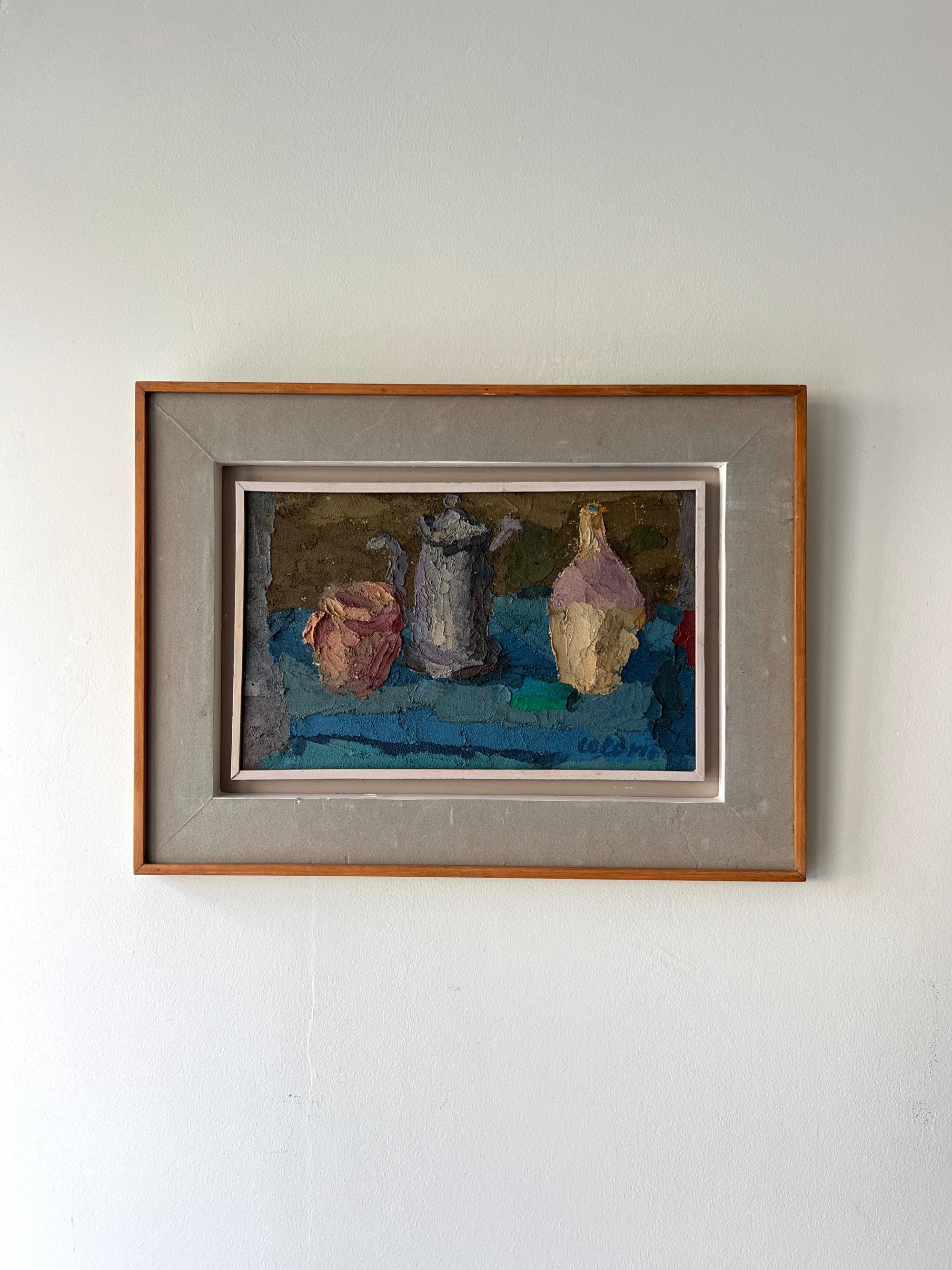 Framed vintage oil painting of still life with three vessels on a table, available at Hue