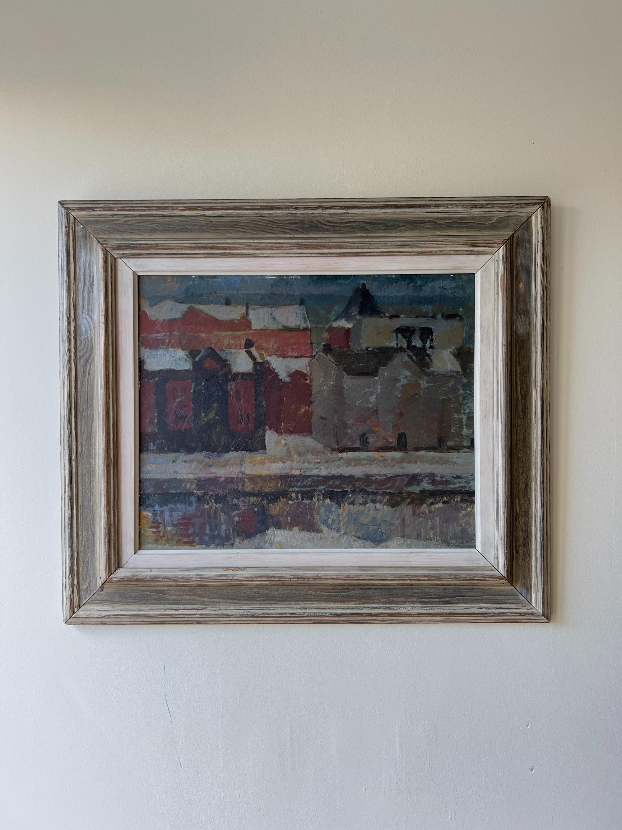 Framed vintage oil painting of a snowy landscape with houses, available at Hue.