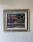 Framed vintage oil painting of a snowy landscape with houses, available at Hue.