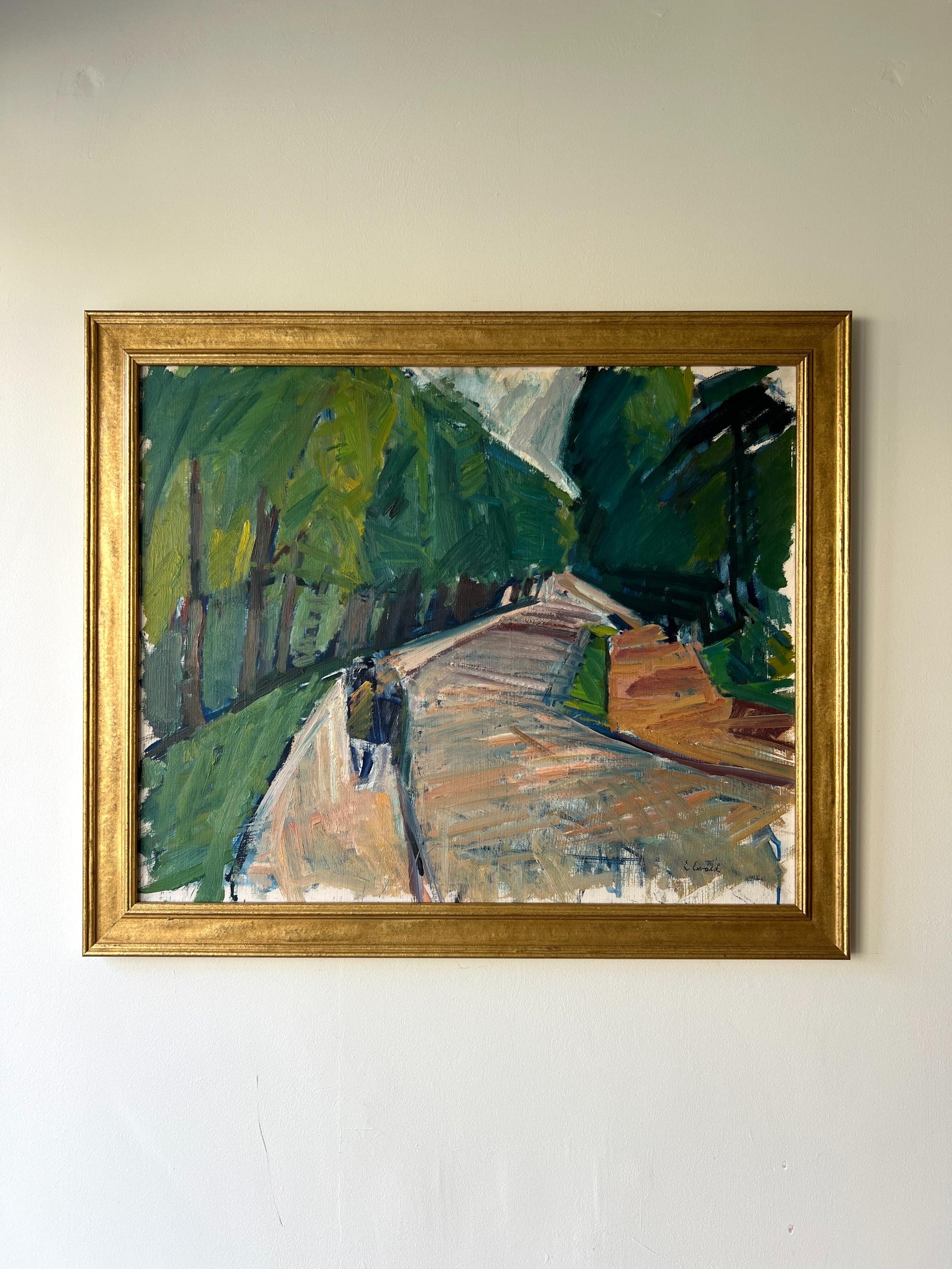 Framed vintage oil painting of a impressionistic forest scene in a gilt frame, available at Hue.