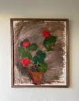 Framed vintage oil painting of a red geranium in a solid walnut frame, available at Hue.