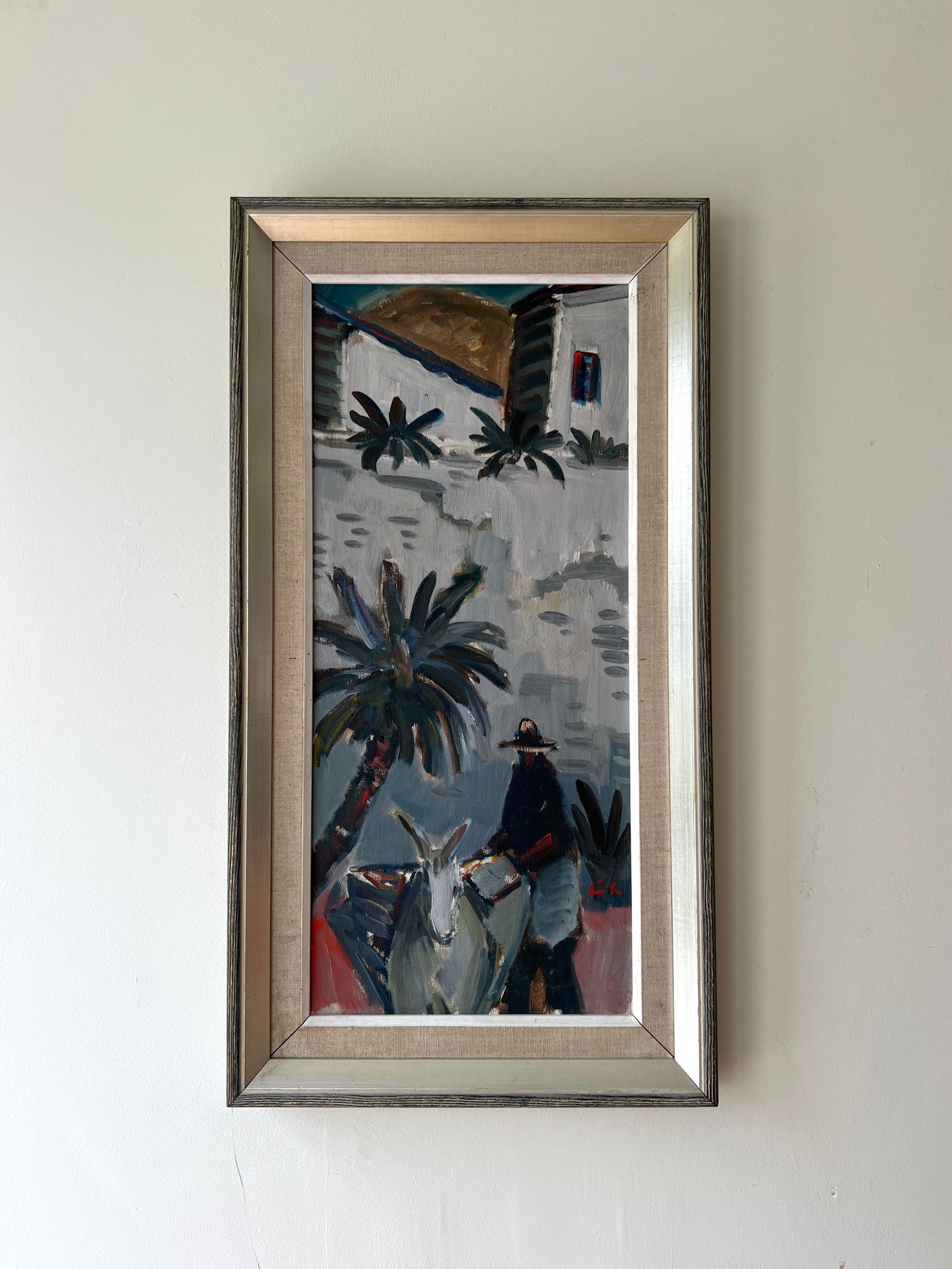 Framed vintage oil painting of a villager and mule under the palm in a Spanish street, available at Hue.
