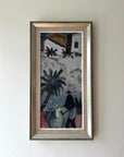 Framed vintage oil painting of a villager and mule under the palm in a Spanish street, available at Hue.