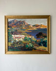 Framed, vintage oil painting on canvas of a mountainous coastal landscape with houses. Impressionist style, available at Hue.