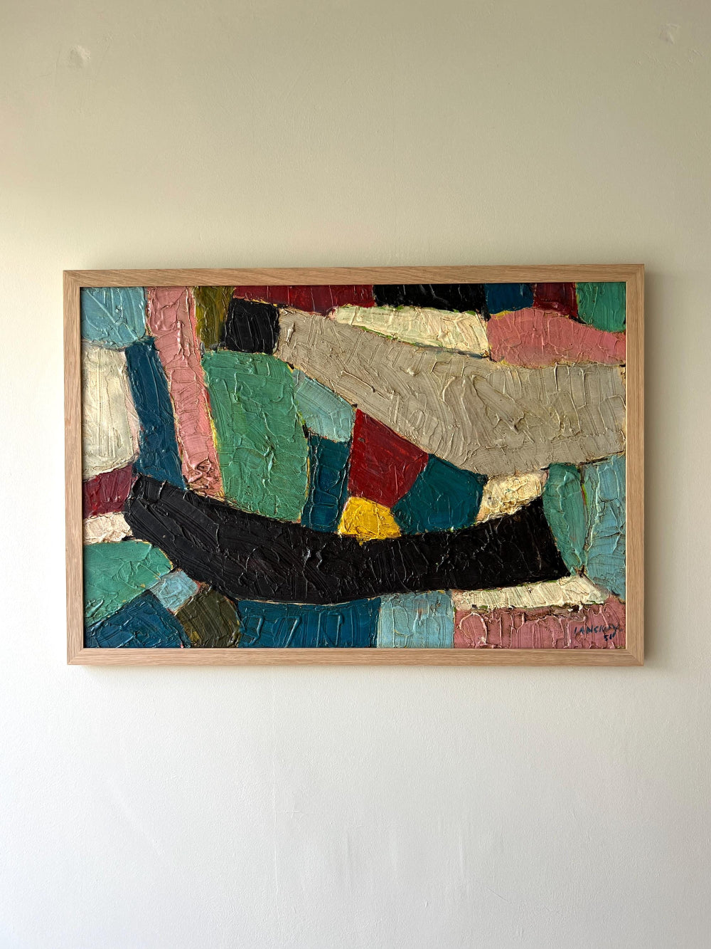 Colorful vintage abstract textured artwork in a wooden oak frame, available at Hue