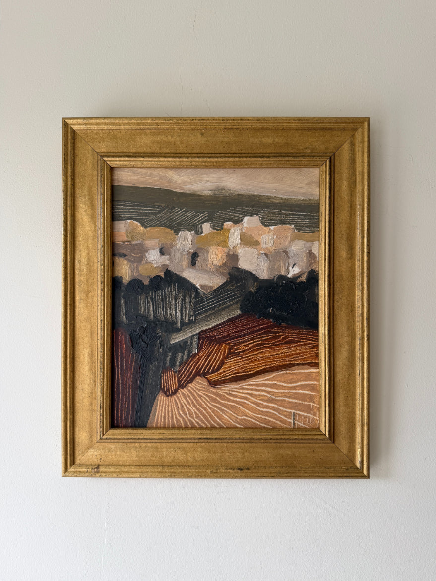 Framed vintage artwork with an abstracted landscape. Available at Hue. 