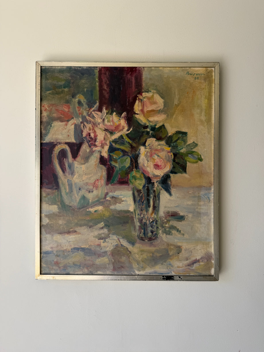 Framed vintage oil painting of pale pink flowers and a white jug. Available at Hue. 