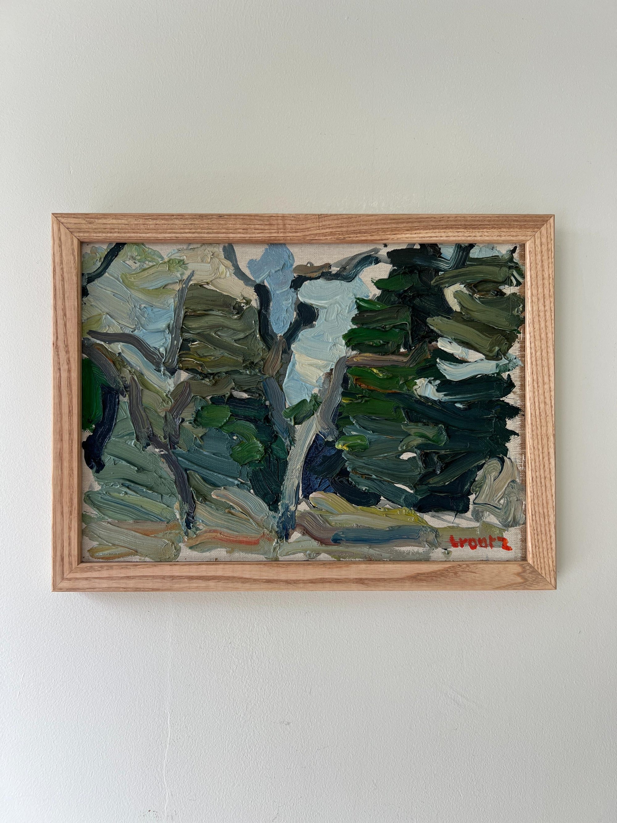 Framed vintage oil painting of an abstract landscape with trees in a  solid oak frame, available at Hue.