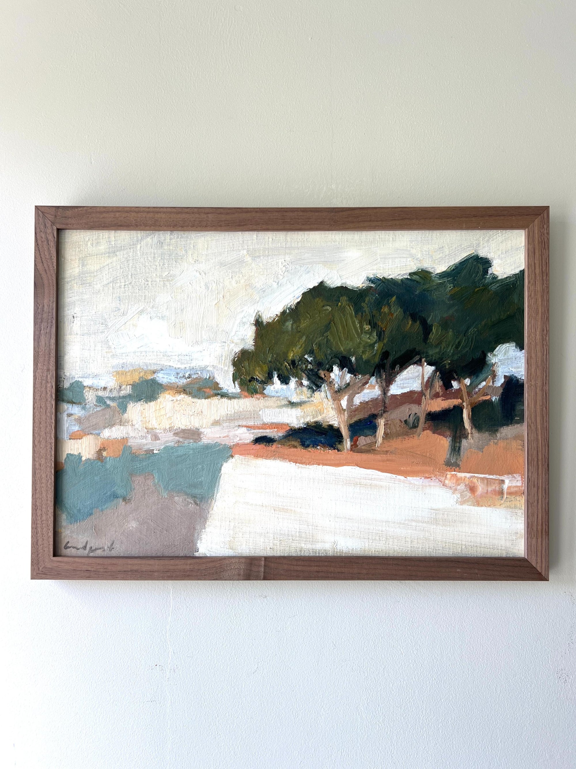 Framed, vintage oil painting of a landscape with trees in a solid walnut frame, available at Hue.
