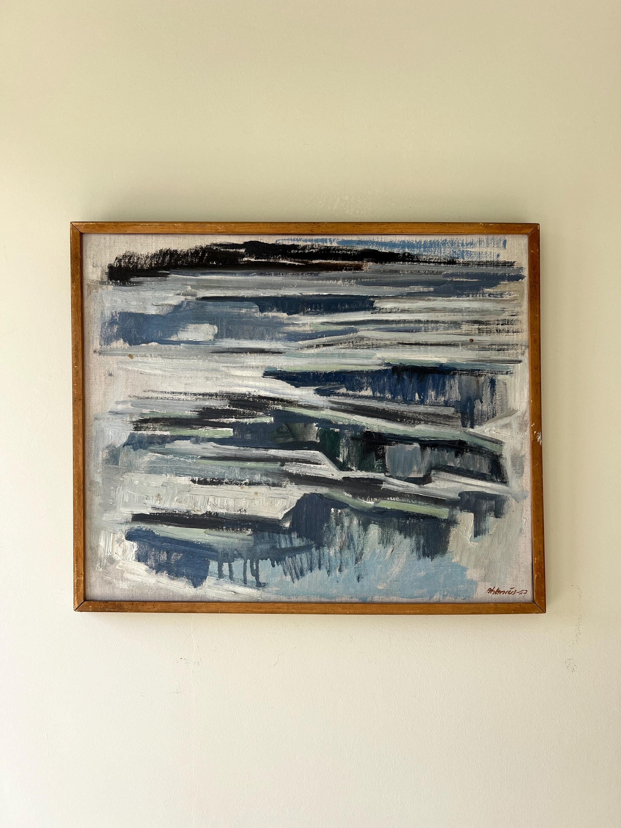 Abstract vintage painting with blue and gray brushstrokes in a wooden vintage frame, available at Hue.