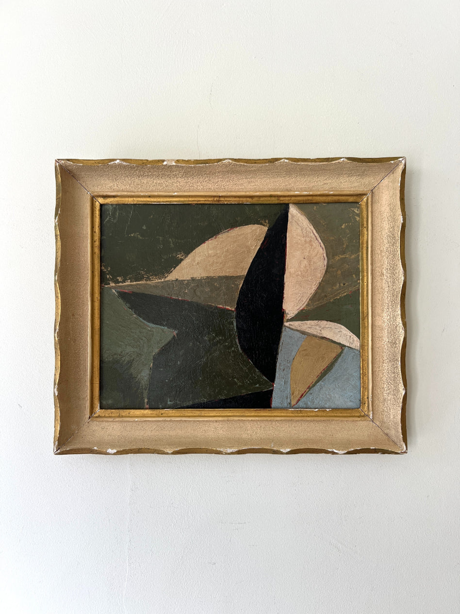 Framed abstract oil painting with geometric shapes. Available at Hue. 