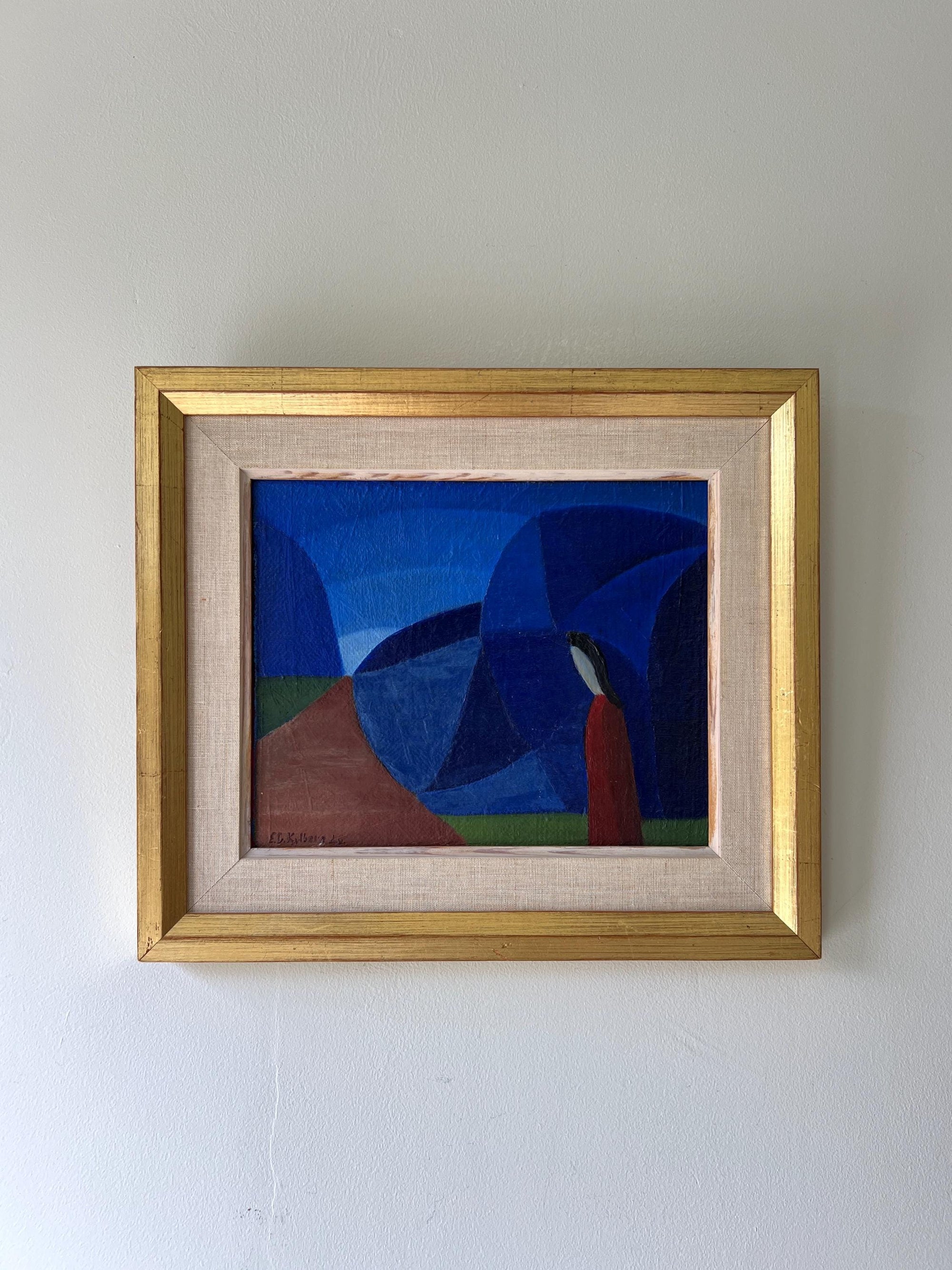 Framed vintage abstract oil painting with blue geometric shapes, available at Hue.