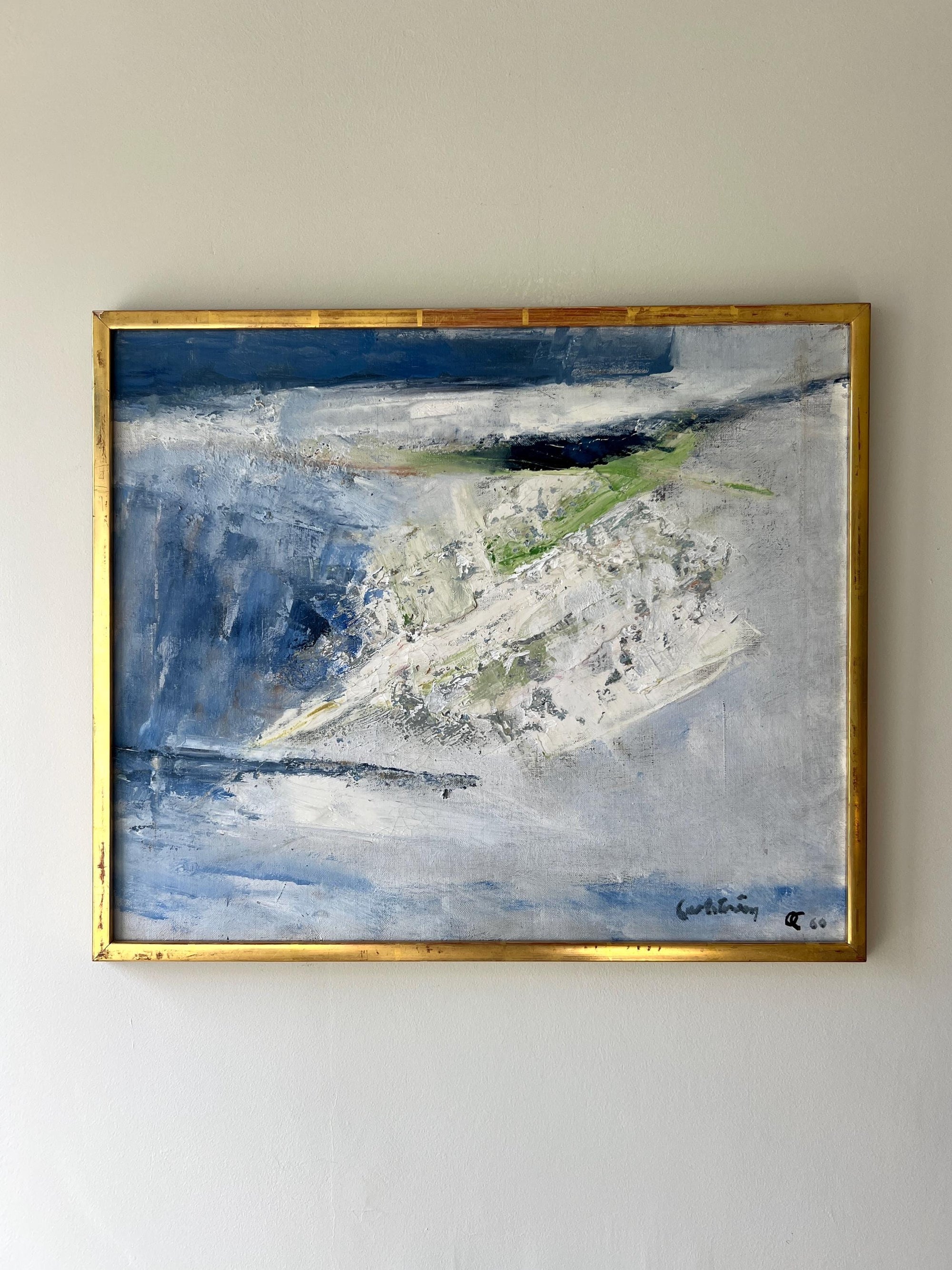 Framed vintage abstract painting with blue and white tones, available at Hue.