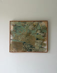 An abstract framed vintage oil painting with textured brushstrokes in muted green, beige, brown, and grey tones. Available at Hue.