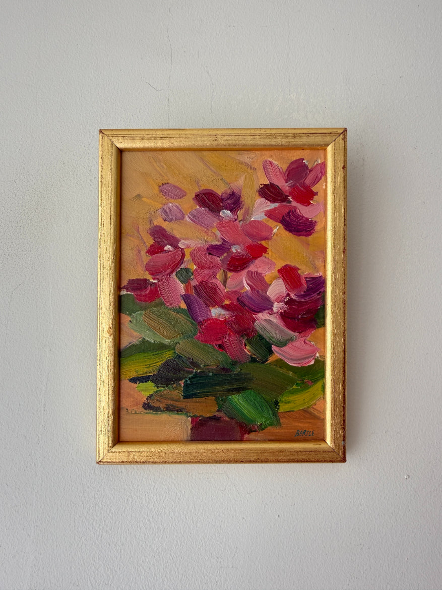 Framed vintage semi-abstract oil painting of pink flowers. Available at Hue. 