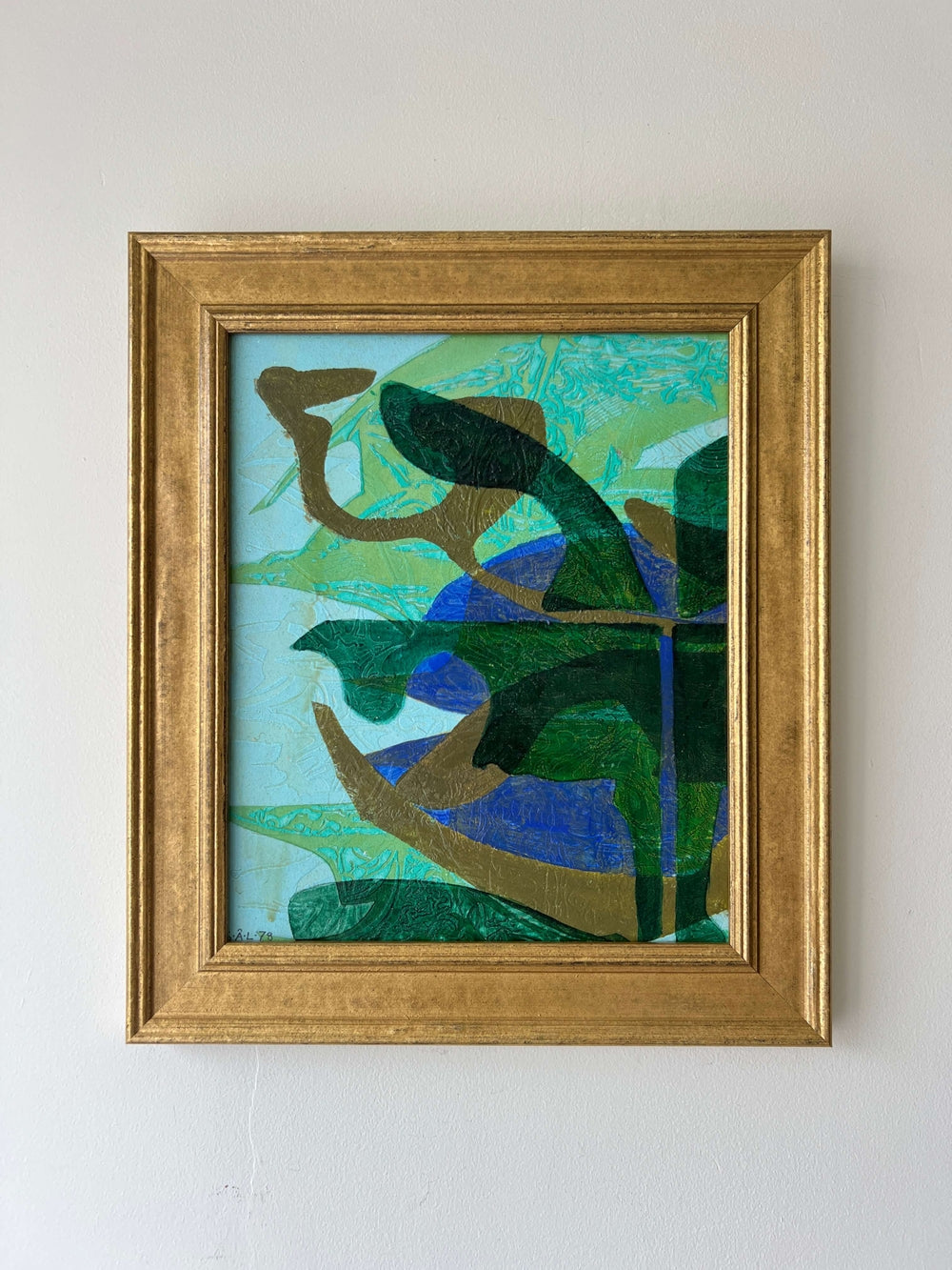 Framed, green & blue mixed media artwork with abstract design, available at Hue.