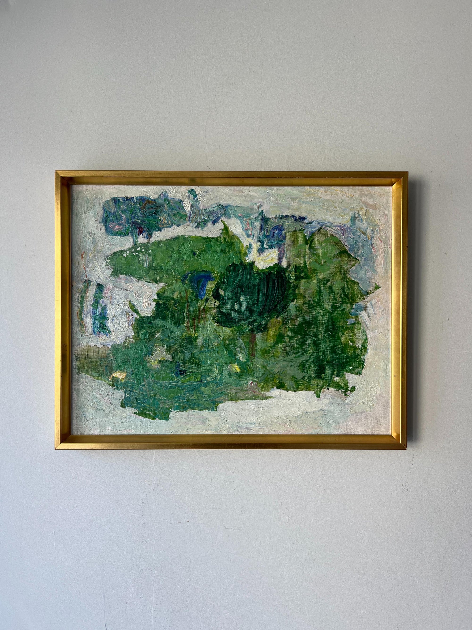 Abstract vintage oil painting with green and blue tones in a gold frame. Available at Hue.