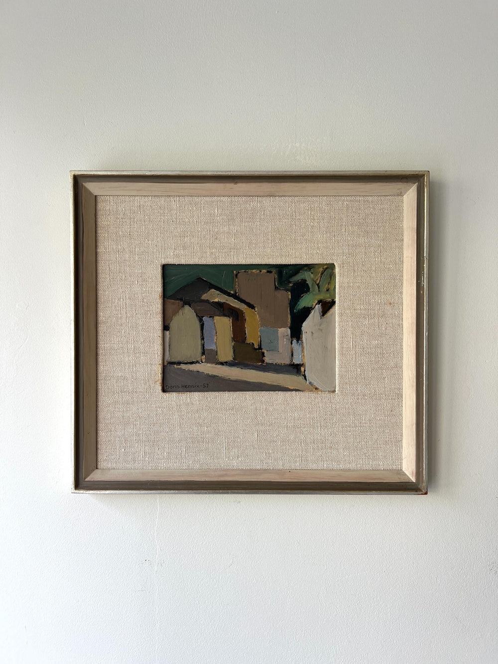 Framed abstract painting of houses in a vintage frame with linen mount, available from hue