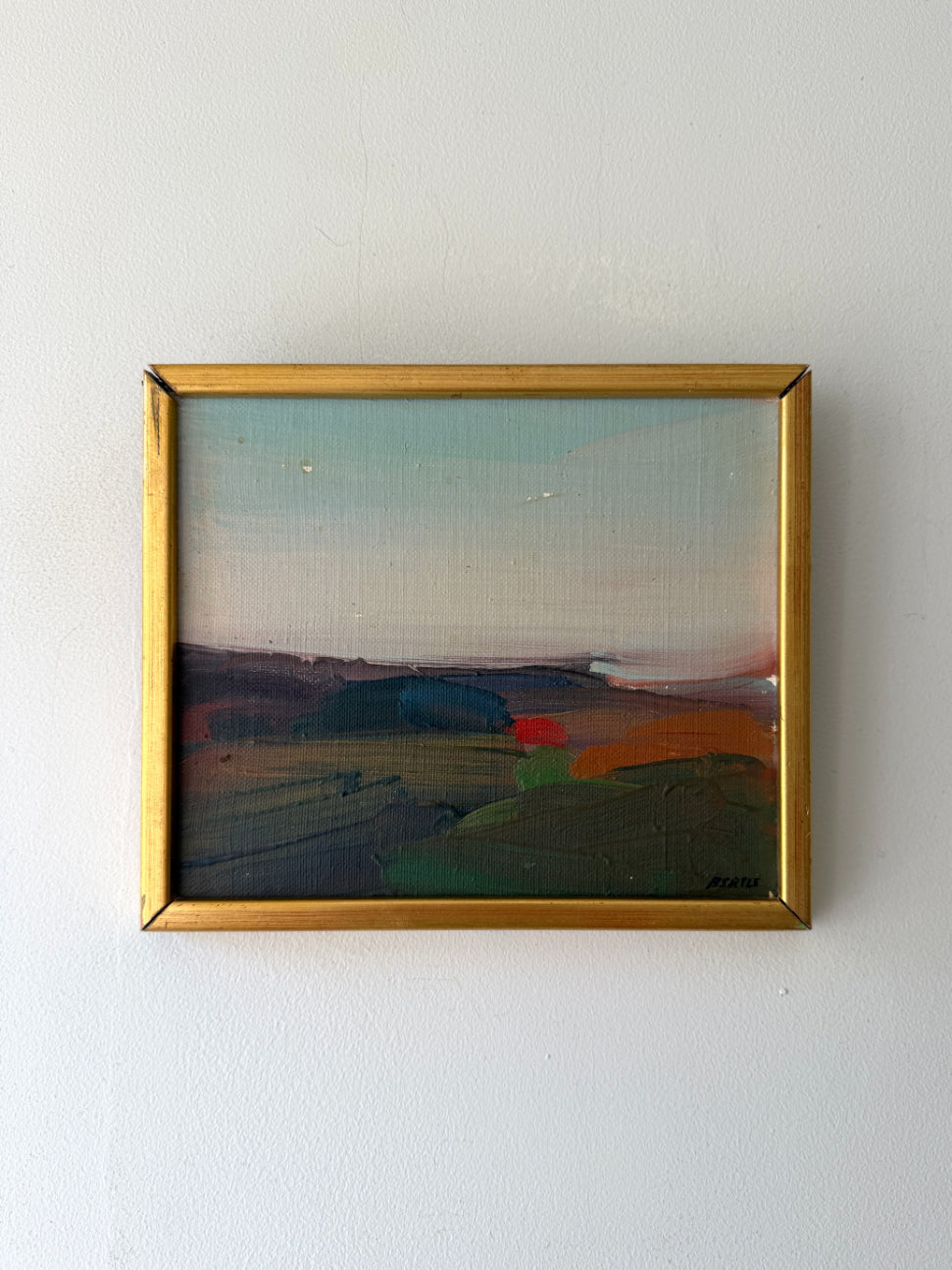 Framed vintage oil landscape painting in an abstract style. Available at Hue.