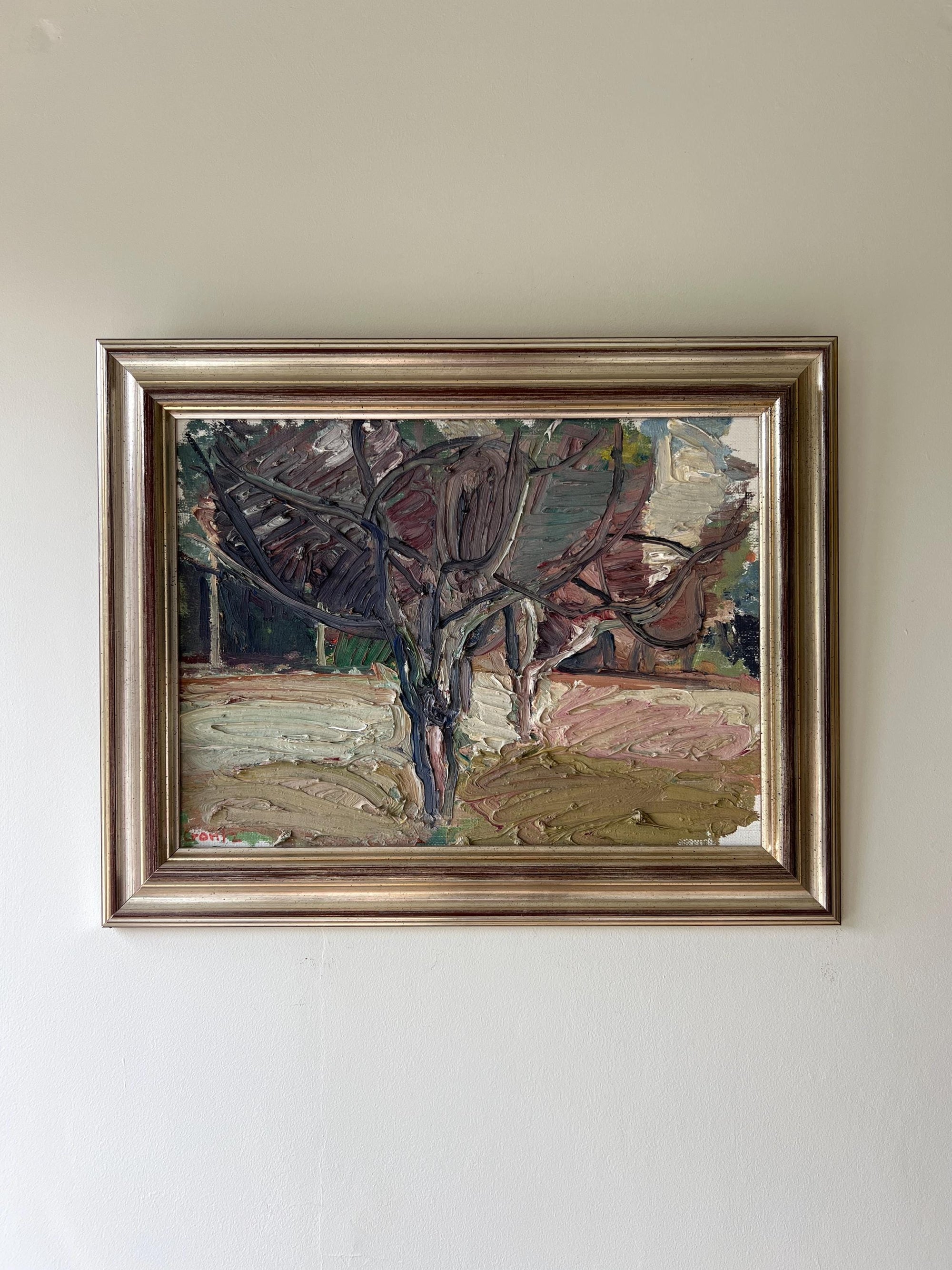 Framed vintage abstract oil painting of a tree, available at Hue.