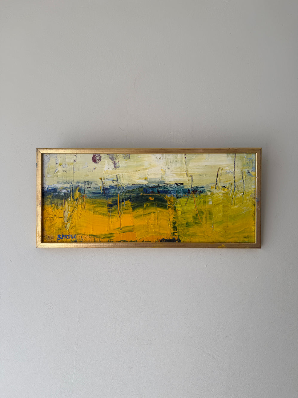 Abstract vinatge landscape oil painting with yellow and blue tones. Available at Hue. 