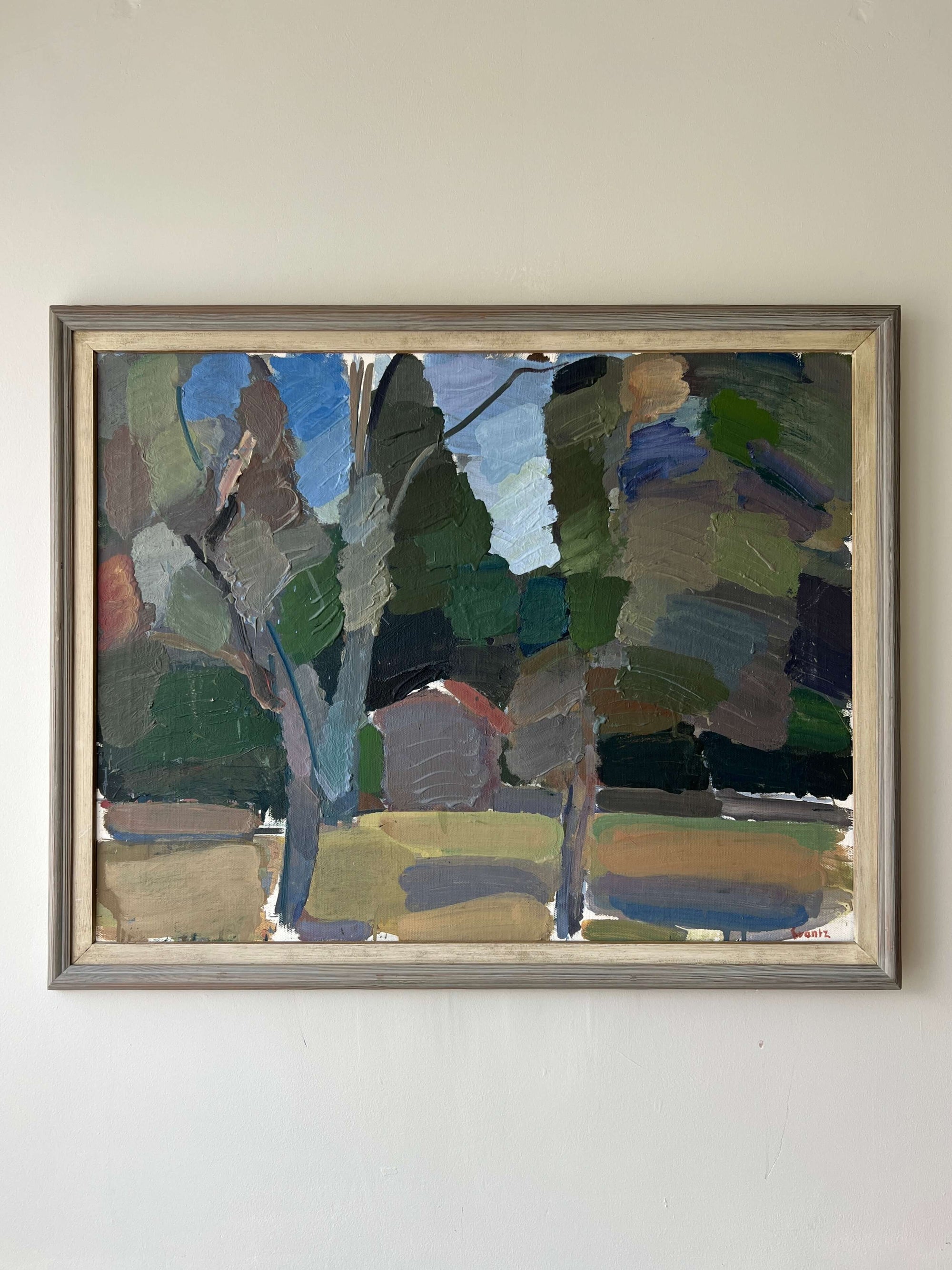Framed semi-abstract, vintage oil painting of trees and a house, available at Hue.