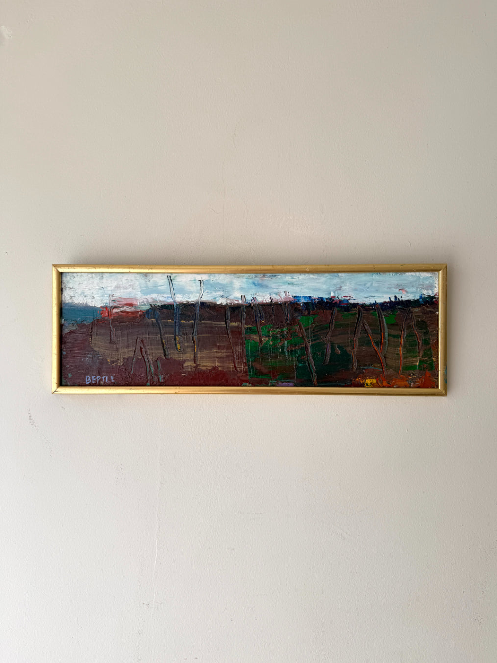 Framed vintage abstract painting of a landscape. Available at Hue. 